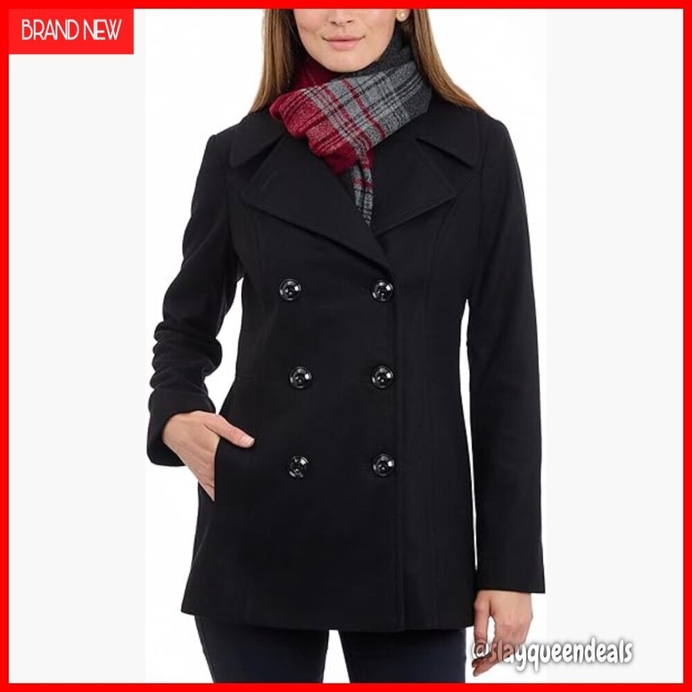 Plus Size Wool Blend Peacoat with Scarf, Double Breasted Formal Coat